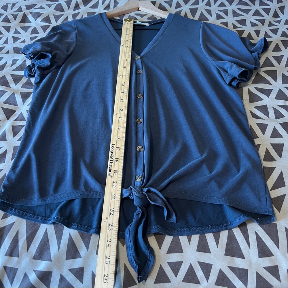 Green Envelop Soft Modal Blue V Neck Button Front Flutter Sleeve Popover Top - Picture 10 of 10